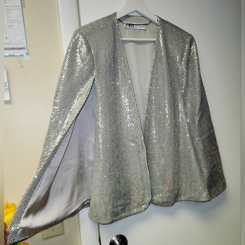 ZARA Silver Sequin Cape Blazer Jacket Metallic Size L - Picture 5 of 14